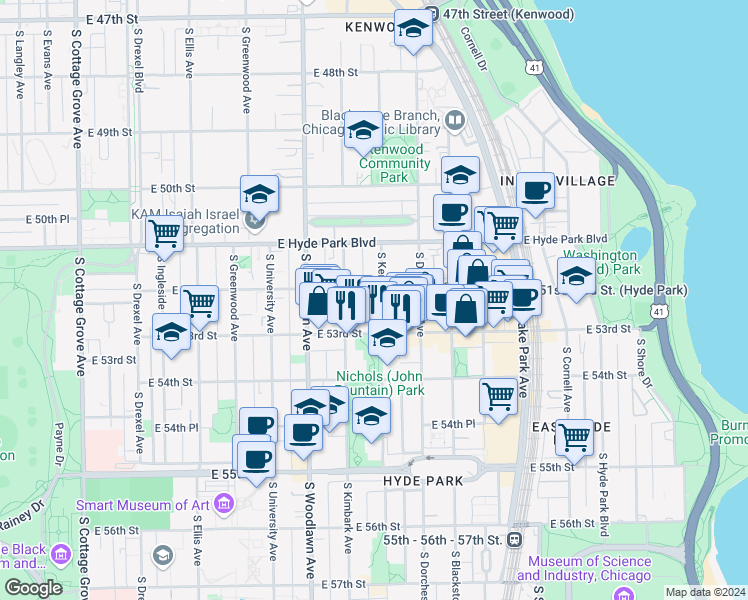 map of restaurants, bars, coffee shops, grocery stores, and more near 5210 South Kenwood Avenue in Chicago
