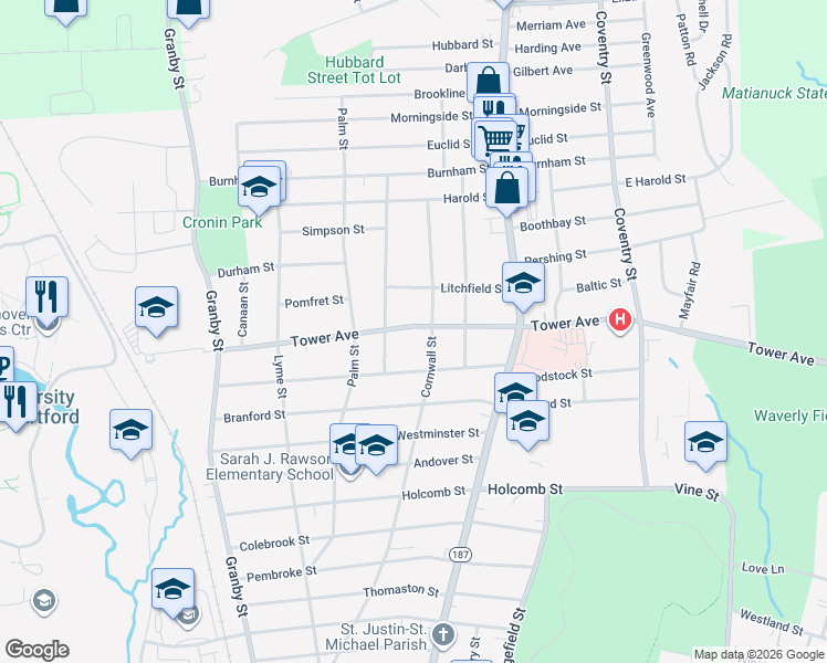 map of restaurants, bars, coffee shops, grocery stores, and more near 797 Tower Avenue in Hartford