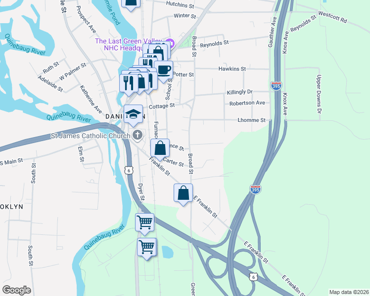 map of restaurants, bars, coffee shops, grocery stores, and more near 90 Broad Street in Killingly