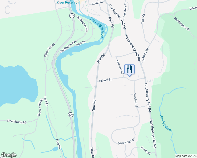 map of restaurants, bars, coffee shops, grocery stores, and more near 106 New Road in Avon