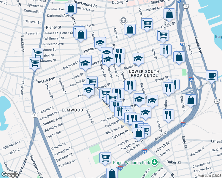 map of restaurants, bars, coffee shops, grocery stores, and more near 19 Plum Street in Providence