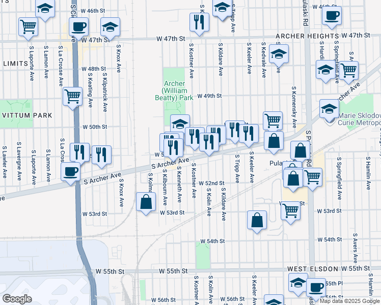 map of restaurants, bars, coffee shops, grocery stores, and more near 5058 South Kostner Avenue in Chicago
