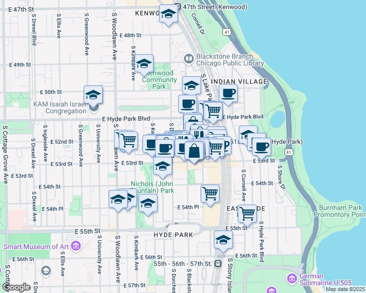 map of restaurants, bars, coffee shops, grocery stores, and more near 5210 South Blackstone Avenue in Chicago
