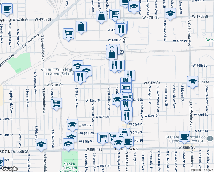map of restaurants, bars, coffee shops, grocery stores, and more near 3303 West 51st Street in Chicago