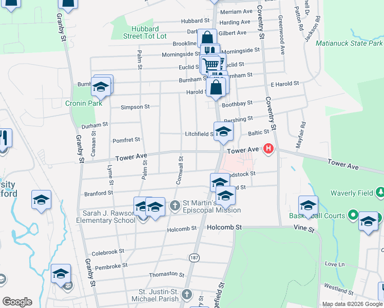 map of restaurants, bars, coffee shops, grocery stores, and more near 757 Tower Avenue in Hartford