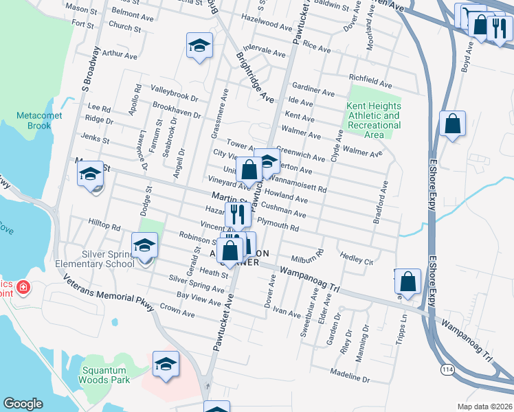 map of restaurants, bars, coffee shops, grocery stores, and more near 2728 Pawtucket Avenue in East Providence