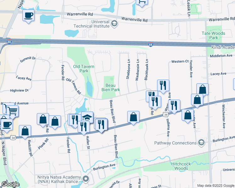 map of restaurants, bars, coffee shops, grocery stores, and more near 2526 Old Tavern Road in Lisle