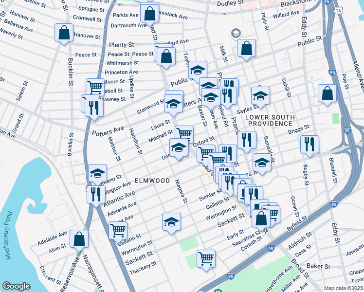 map of restaurants, bars, coffee shops, grocery stores, and more near 853 Broad Street in Providence