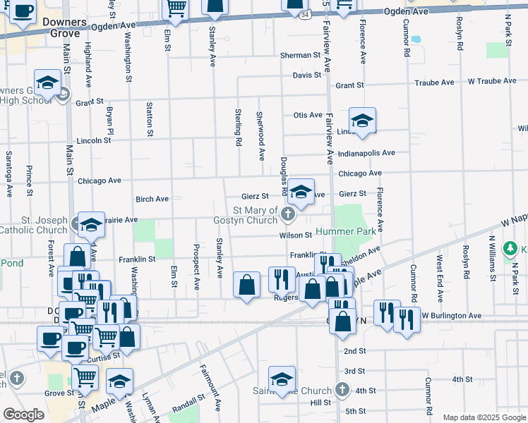 map of restaurants, bars, coffee shops, grocery stores, and more near 532 Prairie Avenue in Downers Grove