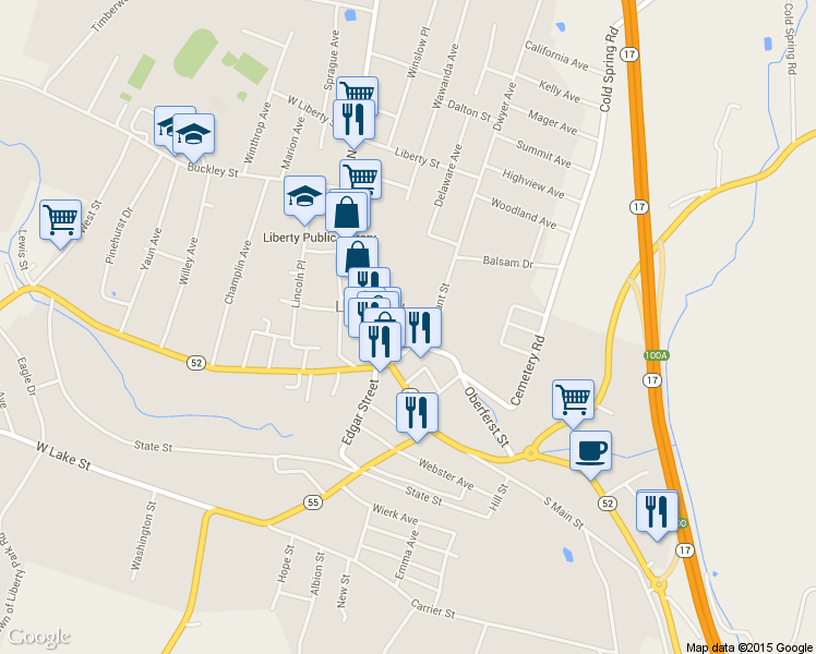 map of restaurants, bars, coffee shops, grocery stores, and more near 26 School St in Liberty