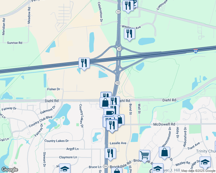 map of restaurants, bars, coffee shops, grocery stores, and more near 1751 West Diehl Road in Naperville