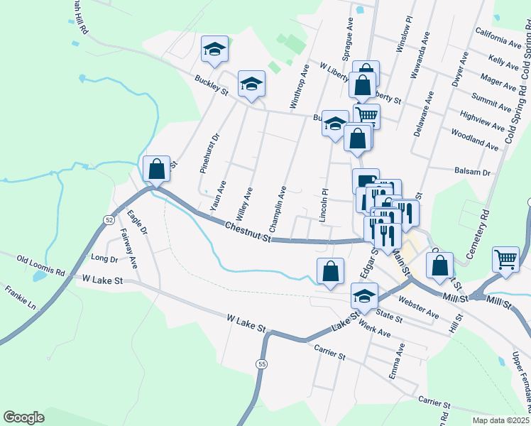 map of restaurants, bars, coffee shops, grocery stores, and more near 30 Champlin Ave in Liberty