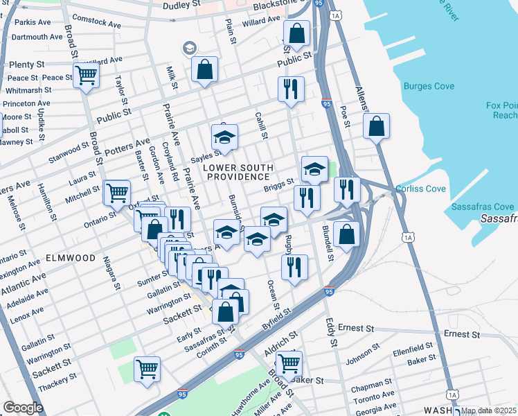 map of restaurants, bars, coffee shops, grocery stores, and more near 34 Gallup Street in Providence