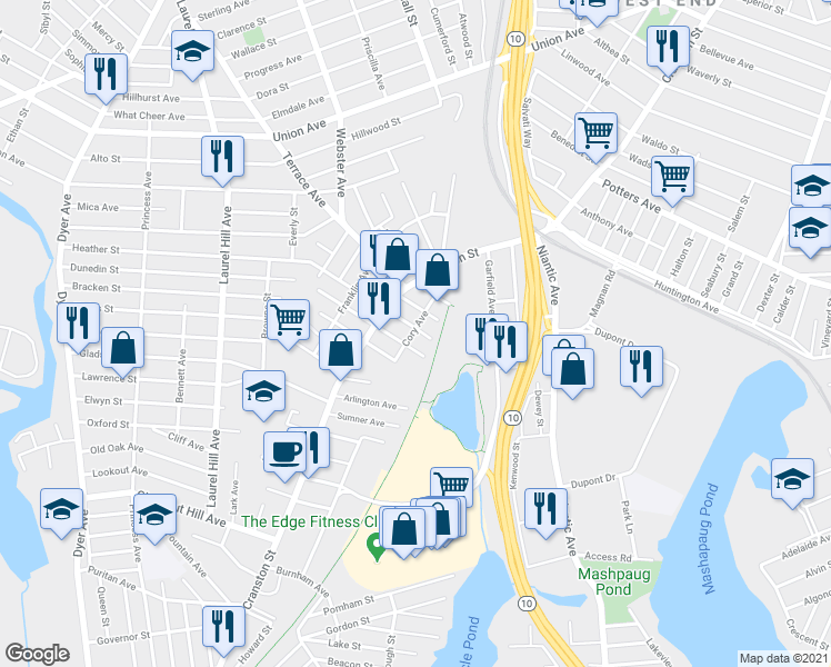 map of restaurants, bars, coffee shops, grocery stores, and more near 30 Cory Avenue in Cranston