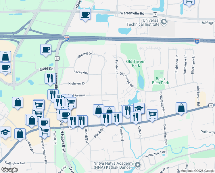 map of restaurants, bars, coffee shops, grocery stores, and more near 4S741 Karns Road in Naperville