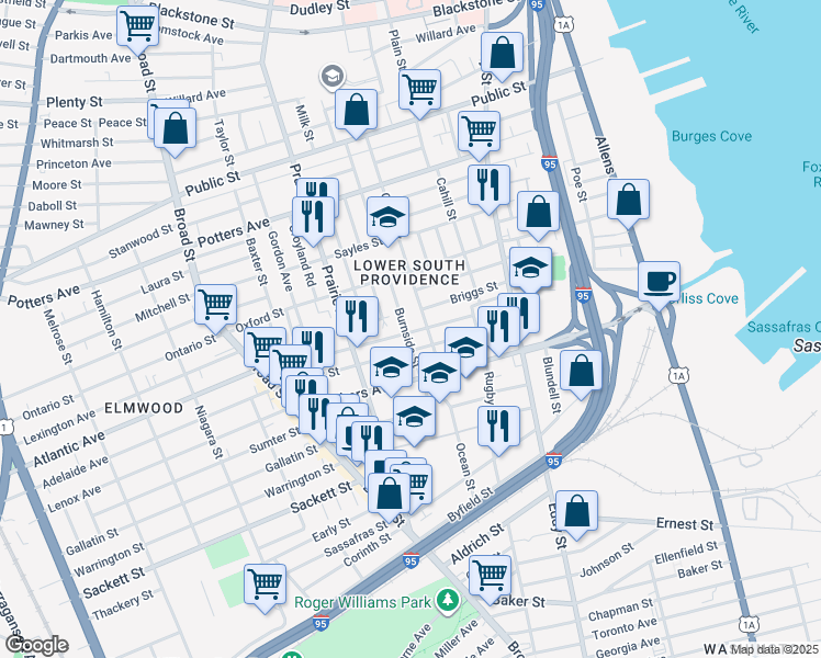 map of restaurants, bars, coffee shops, grocery stores, and more near 190 Burnside Street in Providence