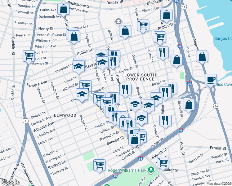 map of restaurants, bars, coffee shops, grocery stores, and more near 491 Prairie Avenue in Providence