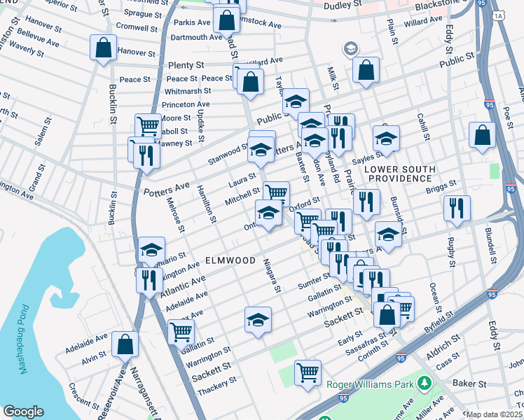 map of restaurants, bars, coffee shops, grocery stores, and more near 853 Broad Street in Providence