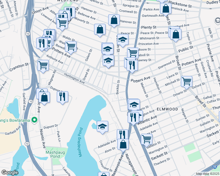 map of restaurants, bars, coffee shops, grocery stores, and more near 50 Vineyard Street in Providence