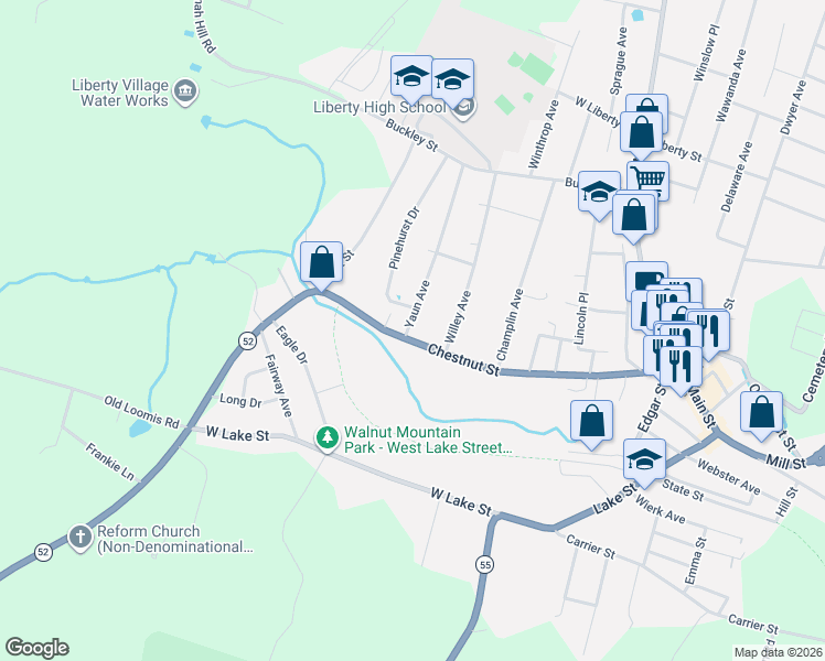 map of restaurants, bars, coffee shops, grocery stores, and more near 209 Chestnut Street in Liberty