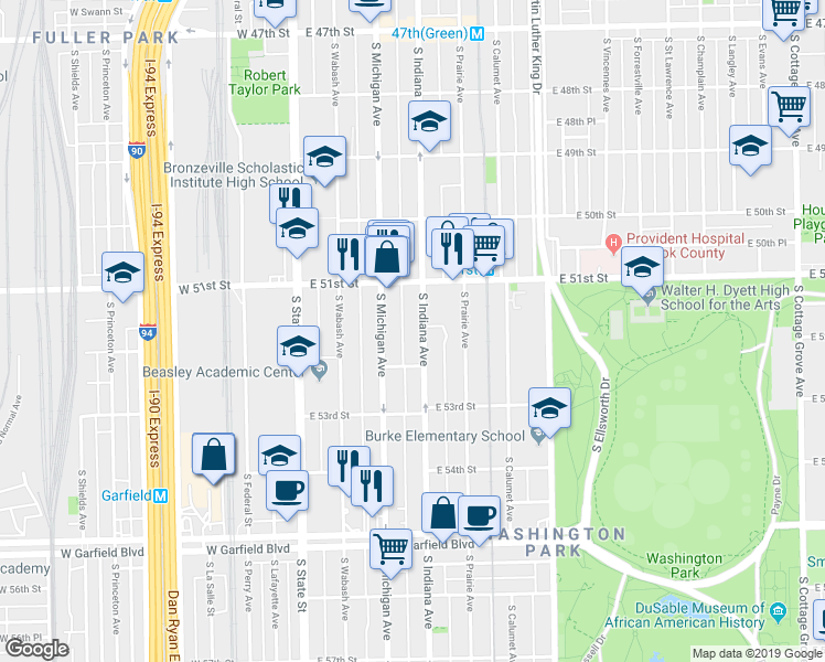 map of restaurants, bars, coffee shops, grocery stores, and more near 5148 South Indiana Avenue in Chicago
