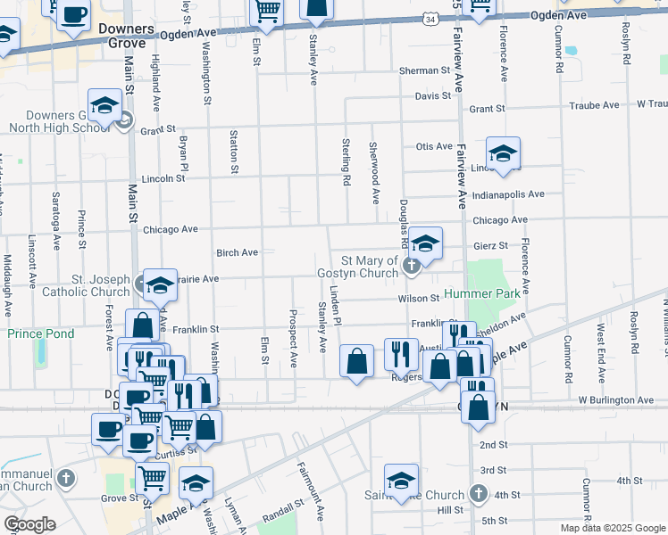 map of restaurants, bars, coffee shops, grocery stores, and more near 604 Prairie Avenue in Downers Grove