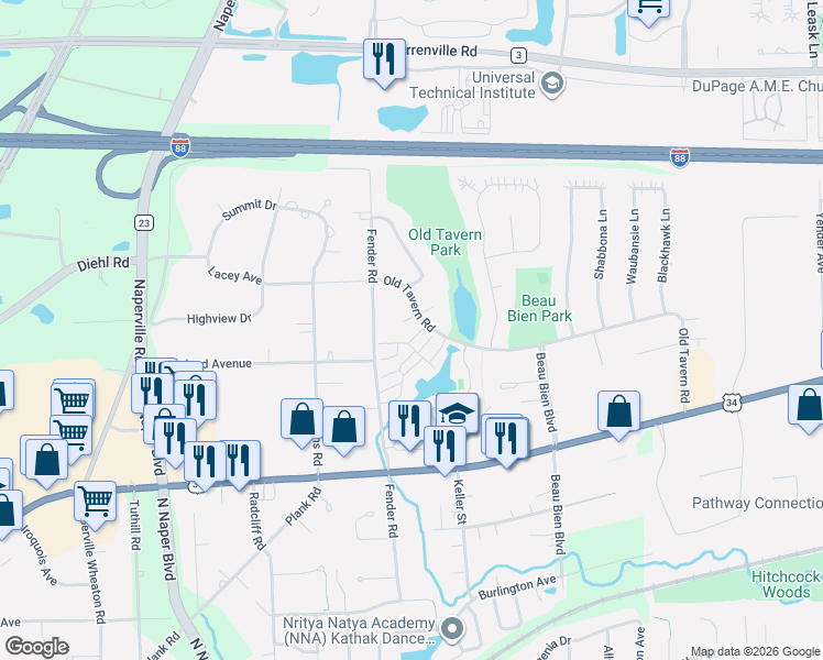 map of restaurants, bars, coffee shops, grocery stores, and more near 4513 Concorde Place in Lisle