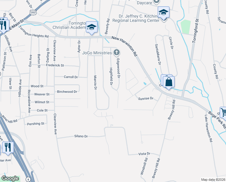 map of restaurants, bars, coffee shops, grocery stores, and more near 216 Highfield Drive in Torrington