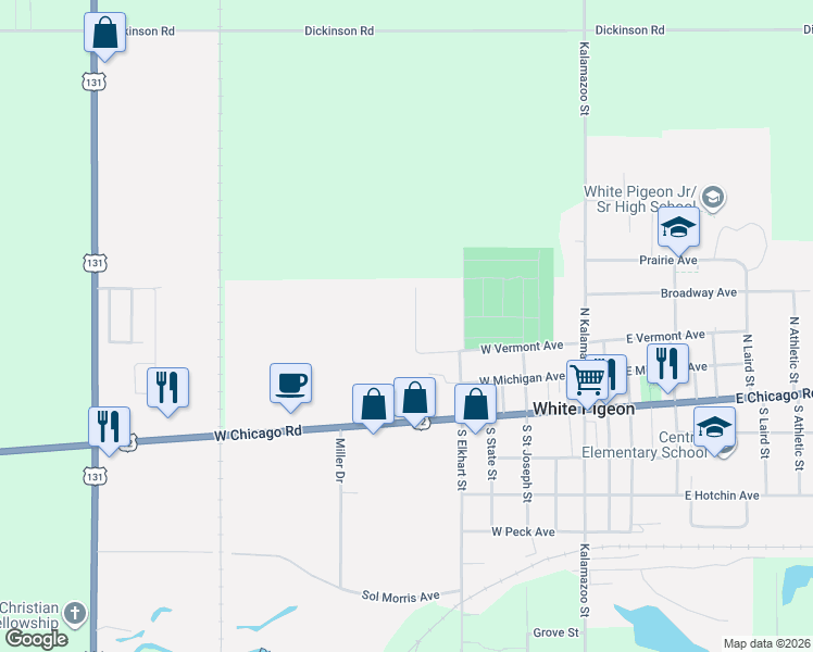 map of restaurants, bars, coffee shops, grocery stores, and more near 105 Mackenzie Street in White Pigeon