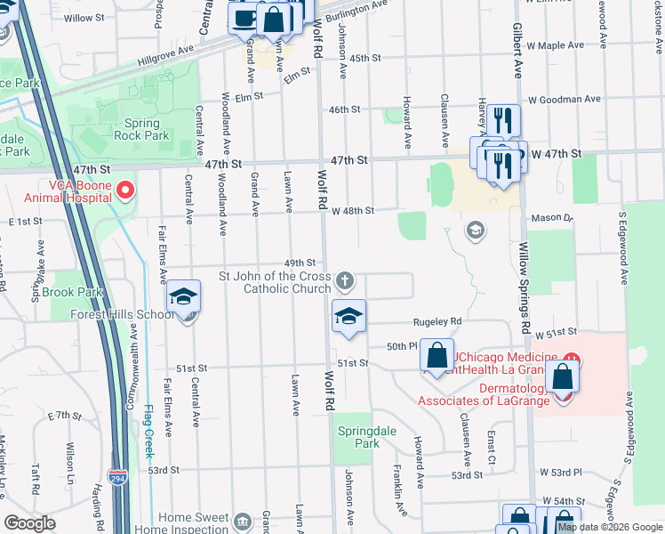 map of restaurants, bars, coffee shops, grocery stores, and more near 4904 Wolf Road in Western Springs