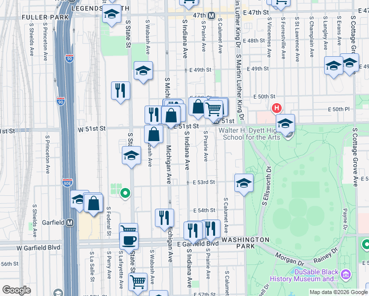 map of restaurants, bars, coffee shops, grocery stores, and more near 5148 South Indiana Avenue in Chicago