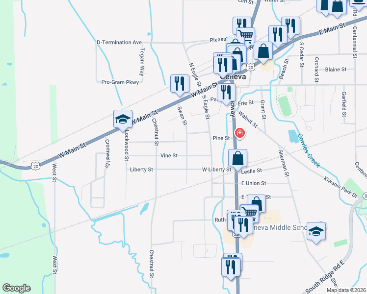map of restaurants, bars, coffee shops, grocery stores, and more near 216 Swan St in Geneva