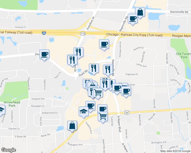 map of restaurants, bars, coffee shops, grocery stores, and more near 1240 East Diehl Road in Naperville
