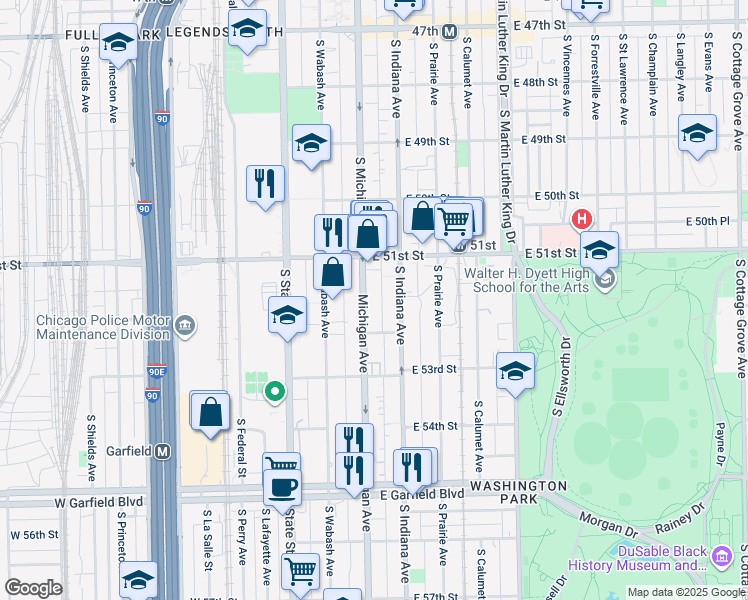 map of restaurants, bars, coffee shops, grocery stores, and more near 5147 South Michigan Avenue in Chicago