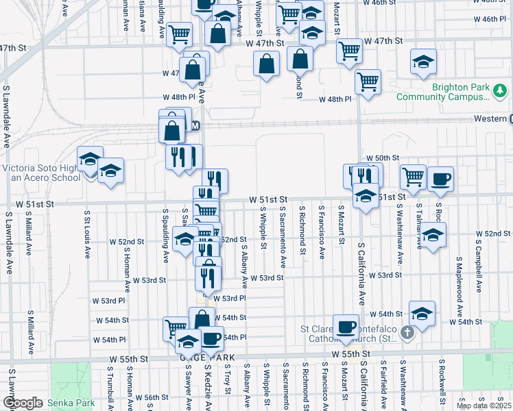 map of restaurants, bars, coffee shops, grocery stores, and more near 3041 West 51st Street in Chicago
