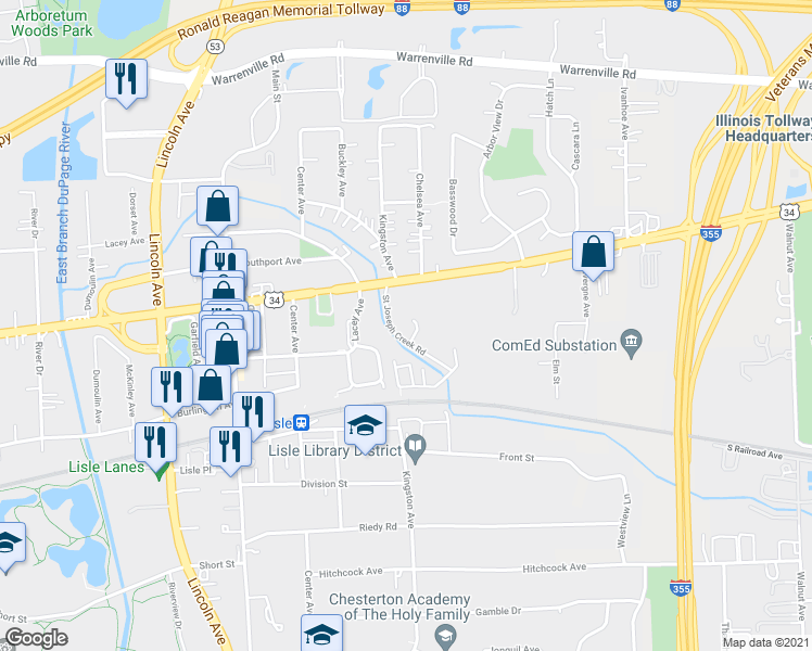 map of restaurants, bars, coffee shops, grocery stores, and more near 4721 Saint Joseph Creek Road in Lisle