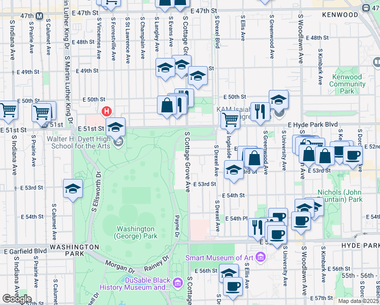 map of restaurants, bars, coffee shops, grocery stores, and more near 5155 South Cottage Grove Avenue in Chicago