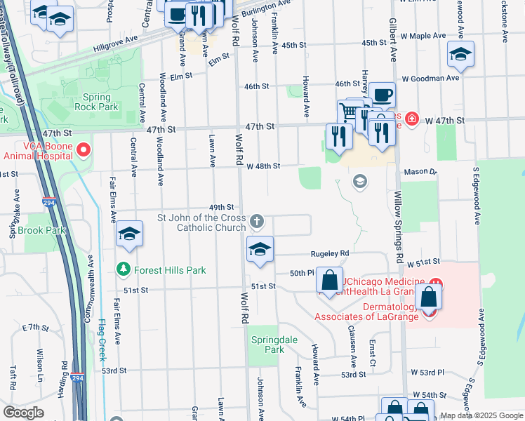map of restaurants, bars, coffee shops, grocery stores, and more near 710 Courtland Circle in Western Springs