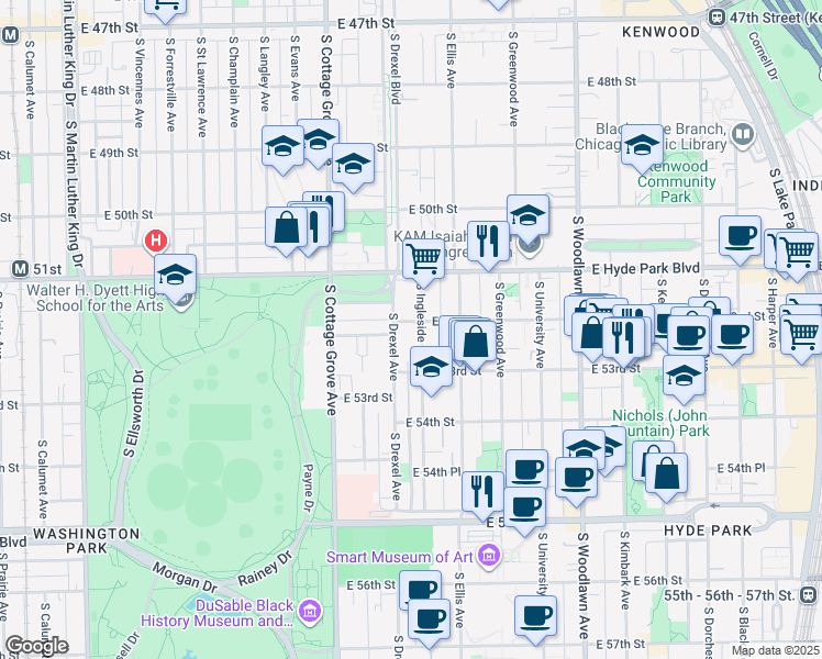 map of restaurants, bars, coffee shops, grocery stores, and more near 5202 South Ingleside Avenue in Chicago