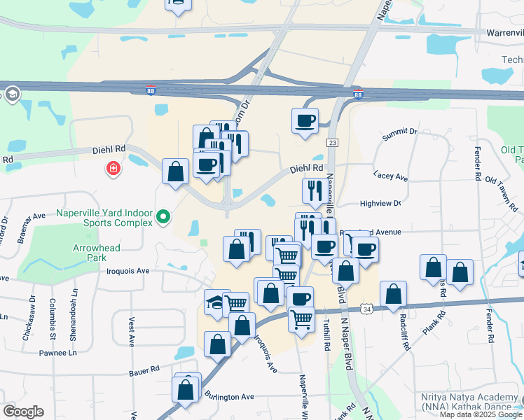 map of restaurants, bars, coffee shops, grocery stores, and more near 1230 East Diehl Road in Naperville