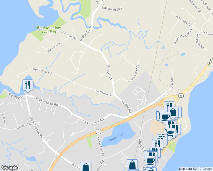 map of restaurants, bars, coffee shops, grocery stores, and more near 85 Bridge Road in Eastham
