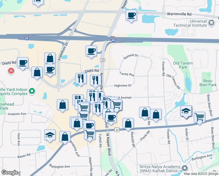 map of restaurants, bars, coffee shops, grocery stores, and more near 25W331 Highview Drive in Naperville