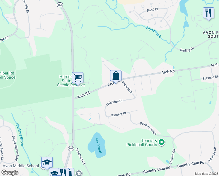 map of restaurants, bars, coffee shops, grocery stores, and more near 257 Arch Road in Avon