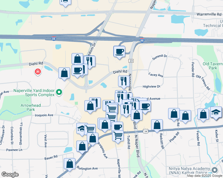 map of restaurants, bars, coffee shops, grocery stores, and more near 1240 East Diehl Road in Naperville