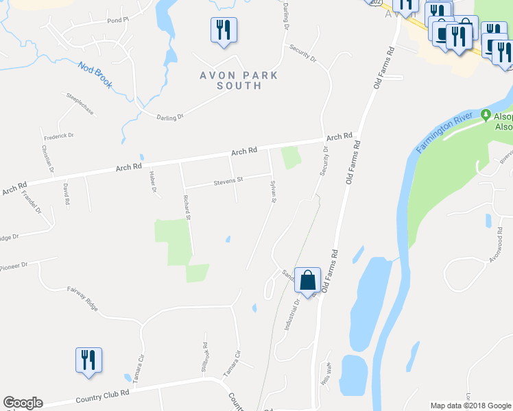 map of restaurants, bars, coffee shops, grocery stores, and more near 35 Sylvan Street in Avon