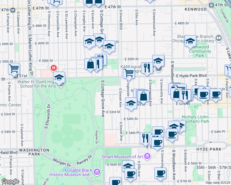 map of restaurants, bars, coffee shops, grocery stores, and more near 840 East 52nd Street in Chicago