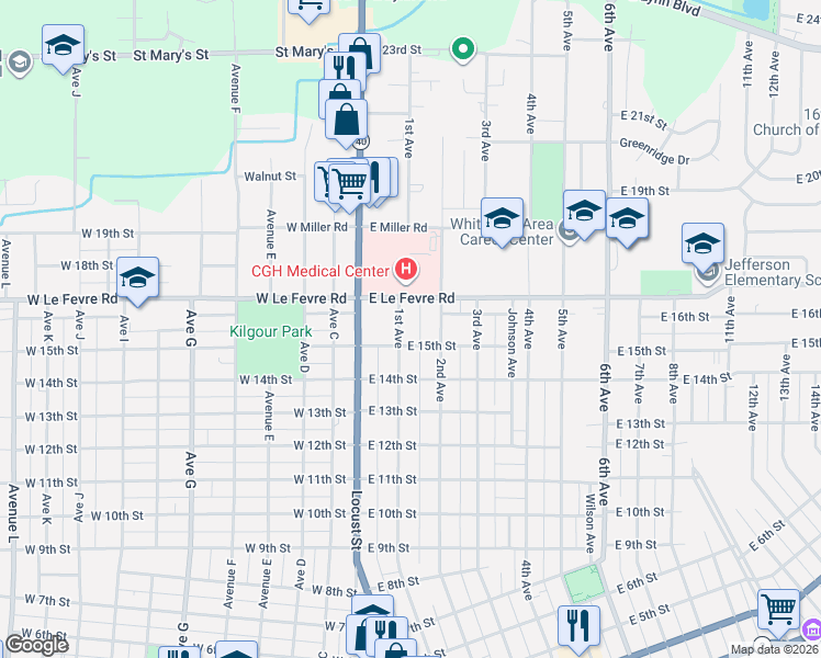map of restaurants, bars, coffee shops, grocery stores, and more near 1506 1st Avenue in Sterling