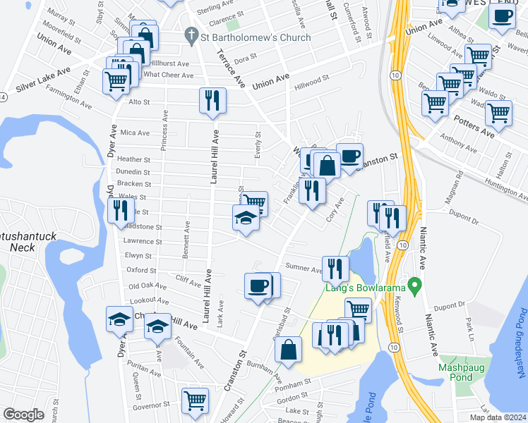 map of restaurants, bars, coffee shops, grocery stores, and more near 50 Birch Street in Cranston