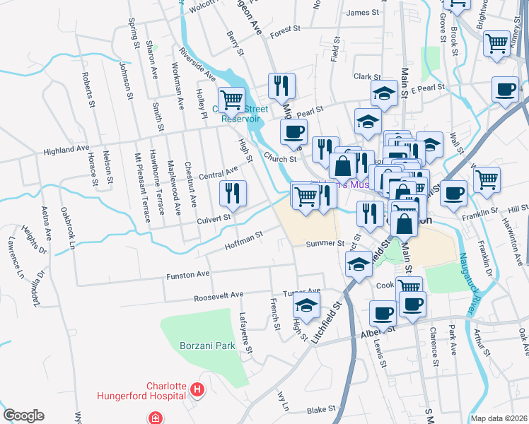 map of restaurants, bars, coffee shops, grocery stores, and more near 184 High Street in Torrington