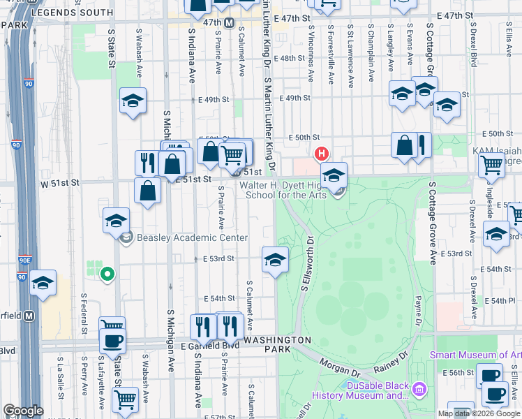 map of restaurants, bars, coffee shops, grocery stores, and more near 5152 South Doctor Martin Luther King Junior Drive in Chicago